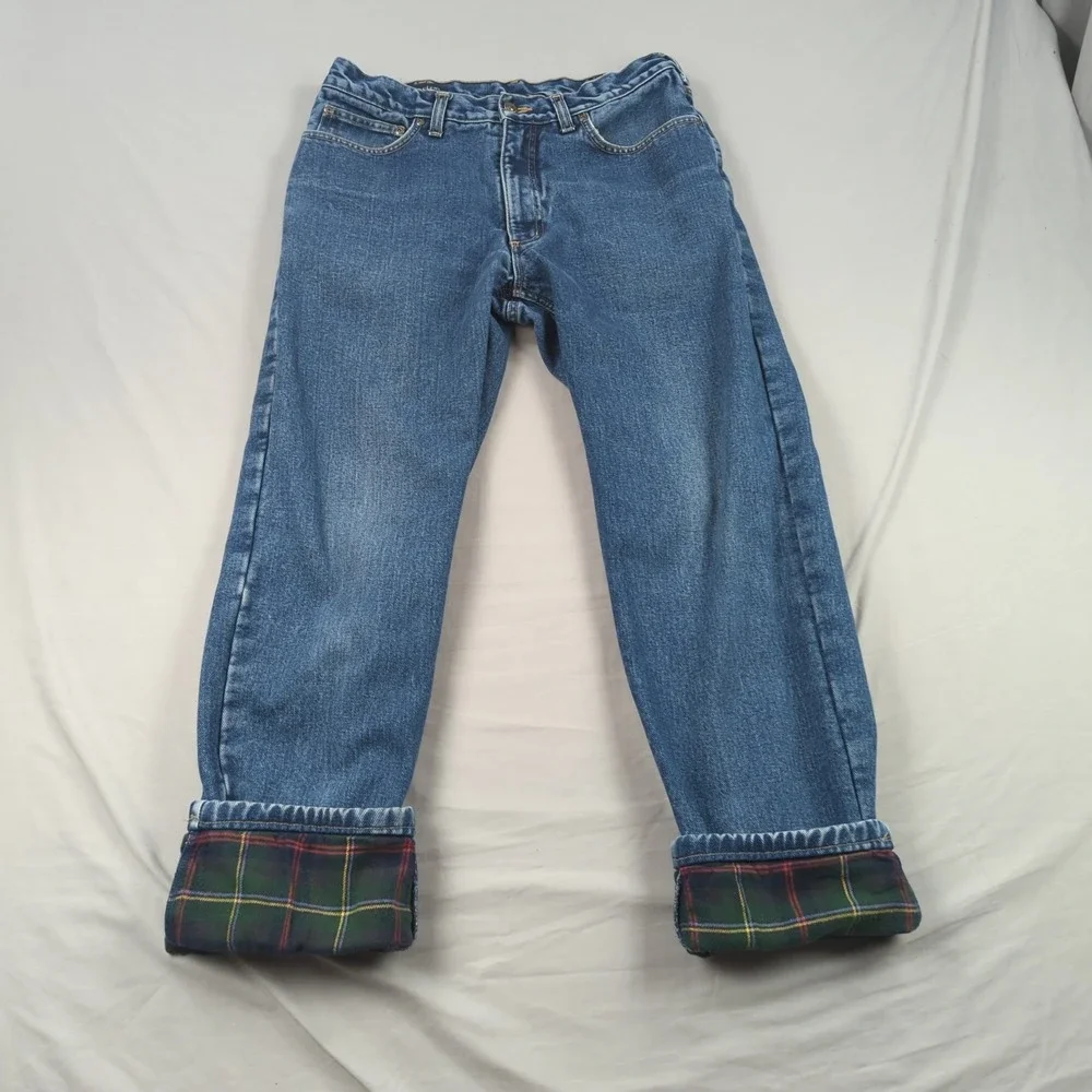 Lands End Jeans Mens 32x30 Blue Flannel Lined Plaid Outdoor Faded